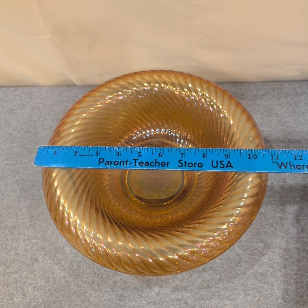 Vintage Marigold Iridescent Carnival Glass Swirl Ribbed Decorative Bowl - Picture 5 of 8